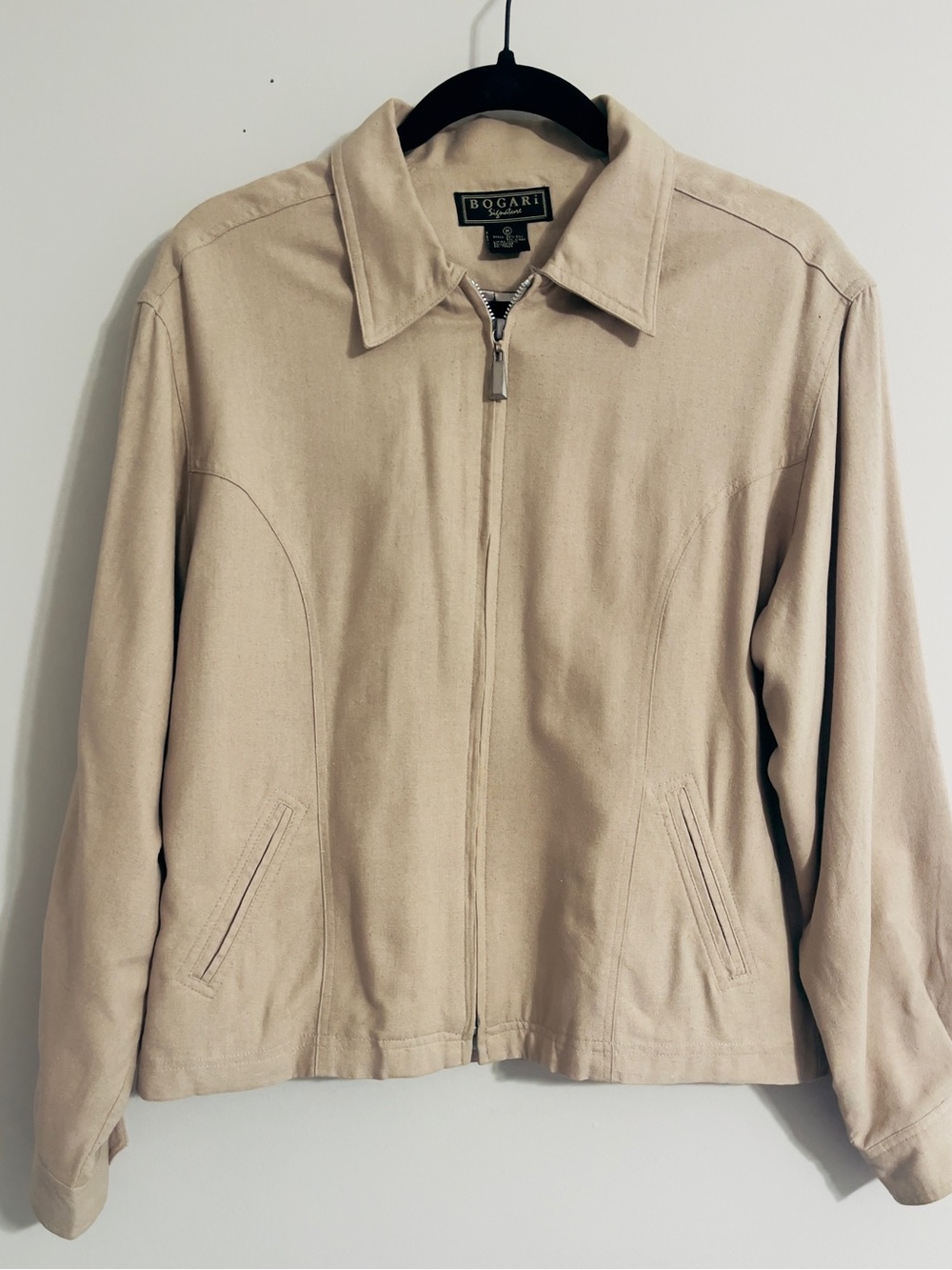 Vintage Raw Silk Crop Full Zip Jacket Womens M Beige Linen Preppy Casual Career